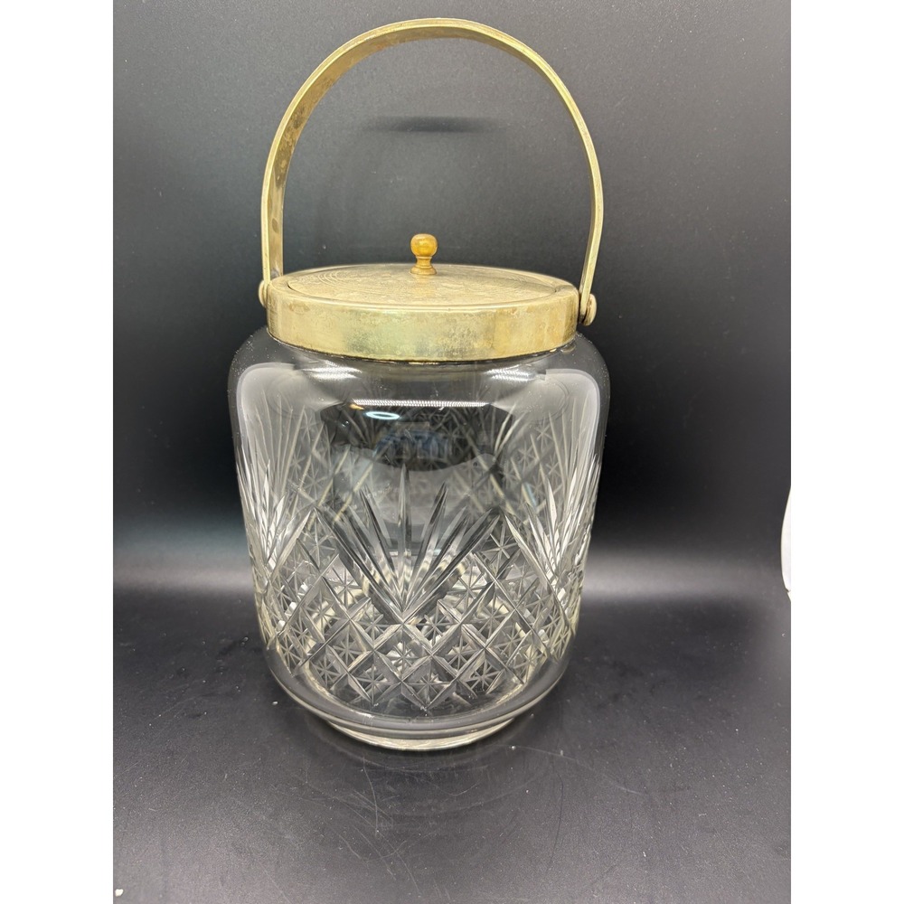 Vintage Cut Glass Biscuit Jar BrassToned Lid & Handle Starburst‎ Diamond Pattern